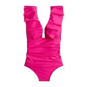 NWT J.Crew Bright Pink Ruffle One Piece Swimsuit Size 8 Ruched V-Neck